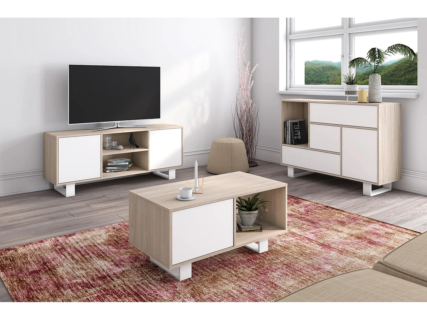 Televisiemeubels, Windmodel, 137x40x57cm, Eetkamer, Eik en wit, Moderne stijl