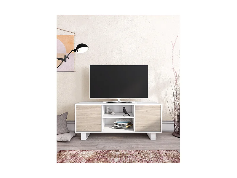 TV-Möbel 140 mit 2 Türen, Wohnzimmer, Modell WIND, Struktur Farbe Weiß, Türen Farbe Eiche, 137x40x57cm
