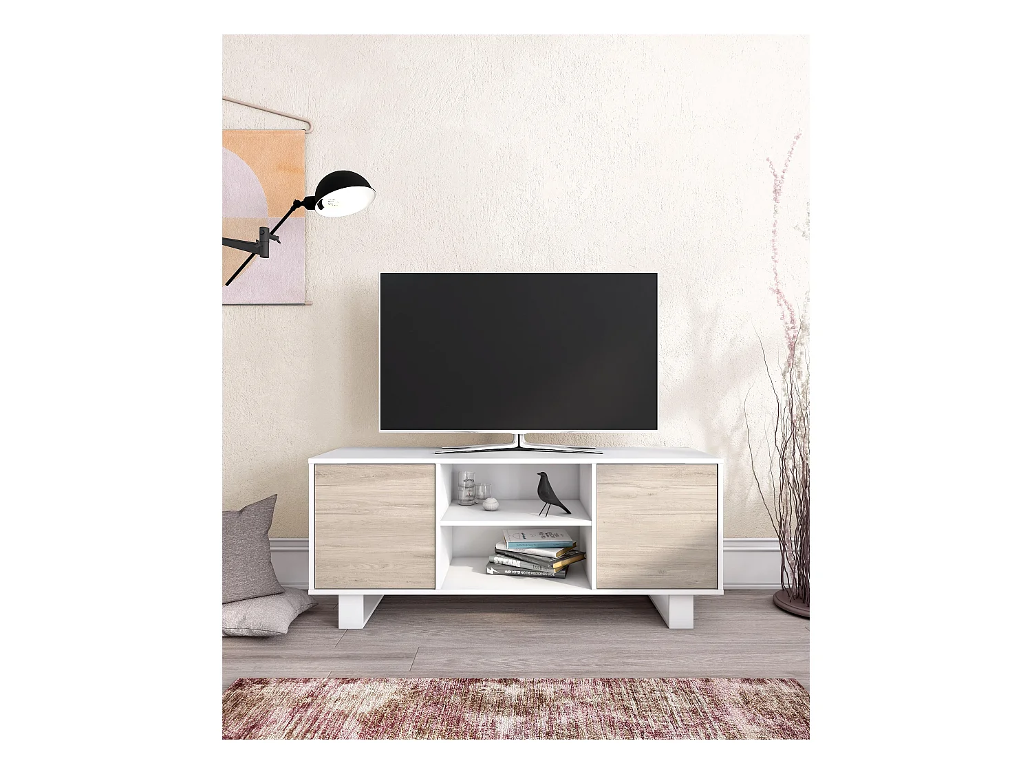 TV-Möbel 140 mit 2 Türen, Wohnzimmer, Modell WIND, Struktur Farbe Weiß, Türen Farbe Eiche, 137x40x57cm