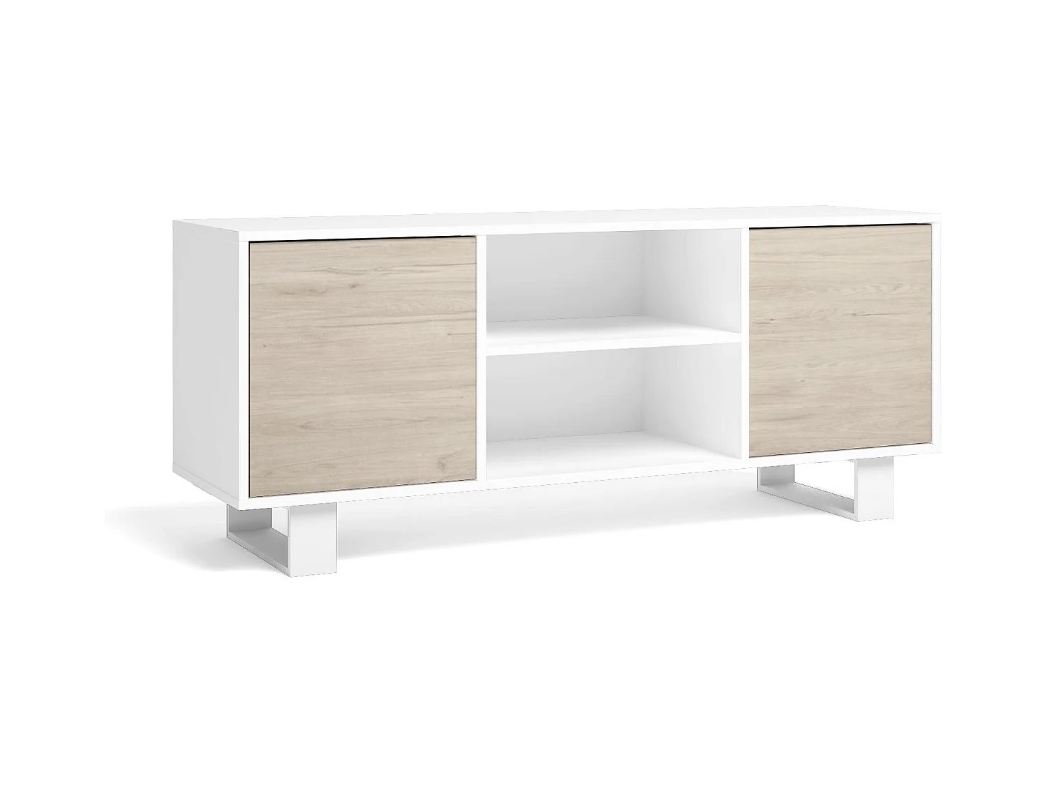 TV-Möbel 140 mit 2 Türen, Wohnzimmer, Modell WIND, Struktur Farbe Weiß, Türen Farbe Eiche, 137x40x57cm