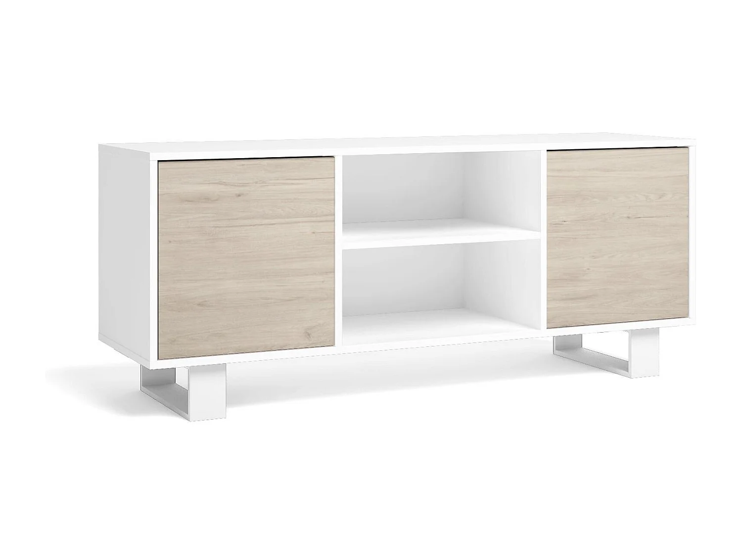 Mueble TV 140 Modelo WIND, color estructura Blanco, color puertas Roble, 137x40x57cm
