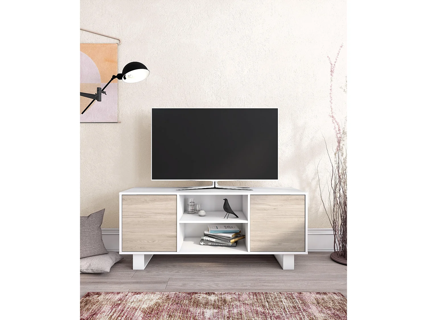 Televisiemeubels, Windmodel, 137x40x57cm, Eetkamer, Wit en eiken, Moderne stijl
