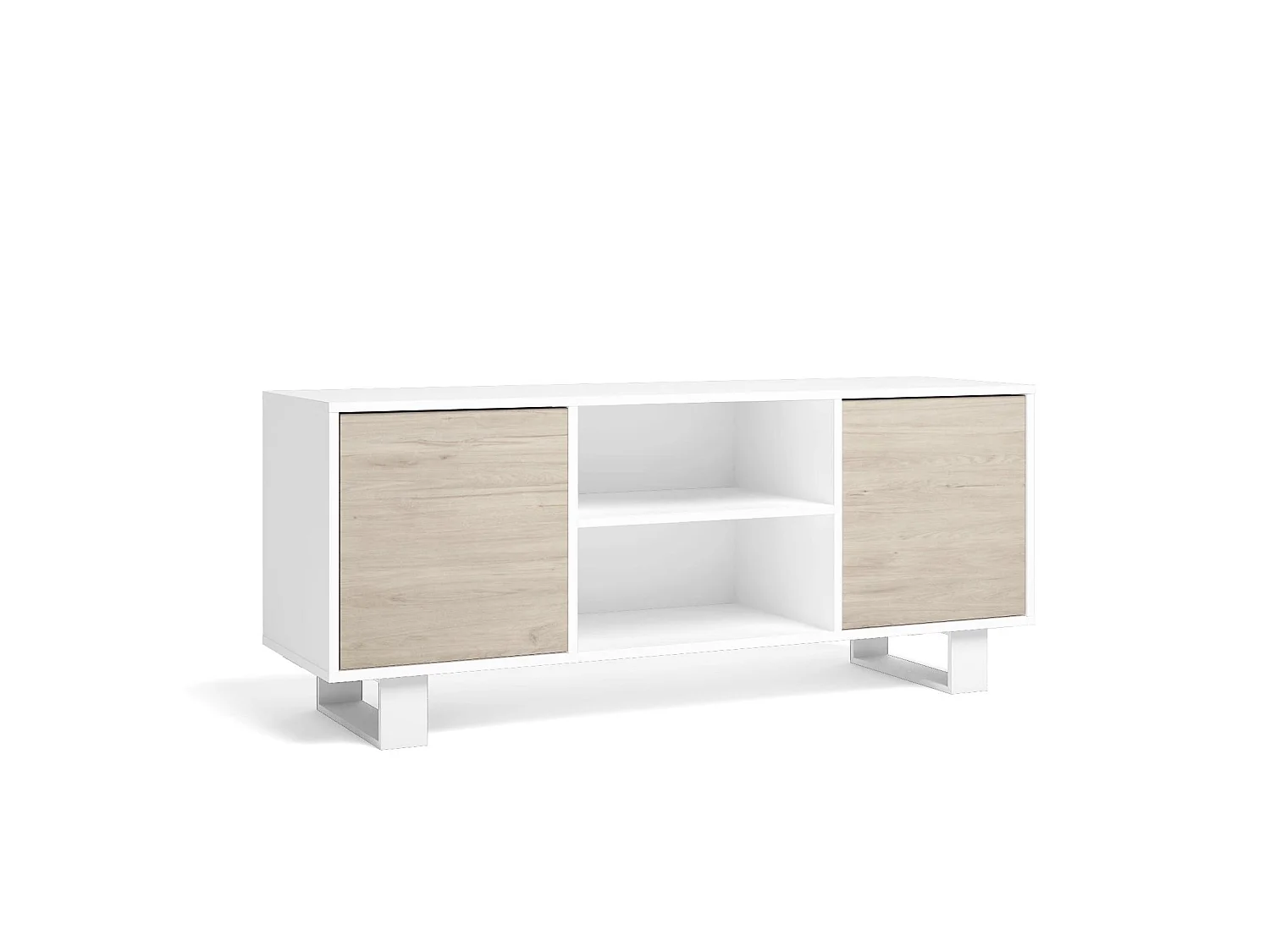 Meuble TV modèle 137x40x57cm WIND, structure couleur Blanc, portes couleur Chêne.