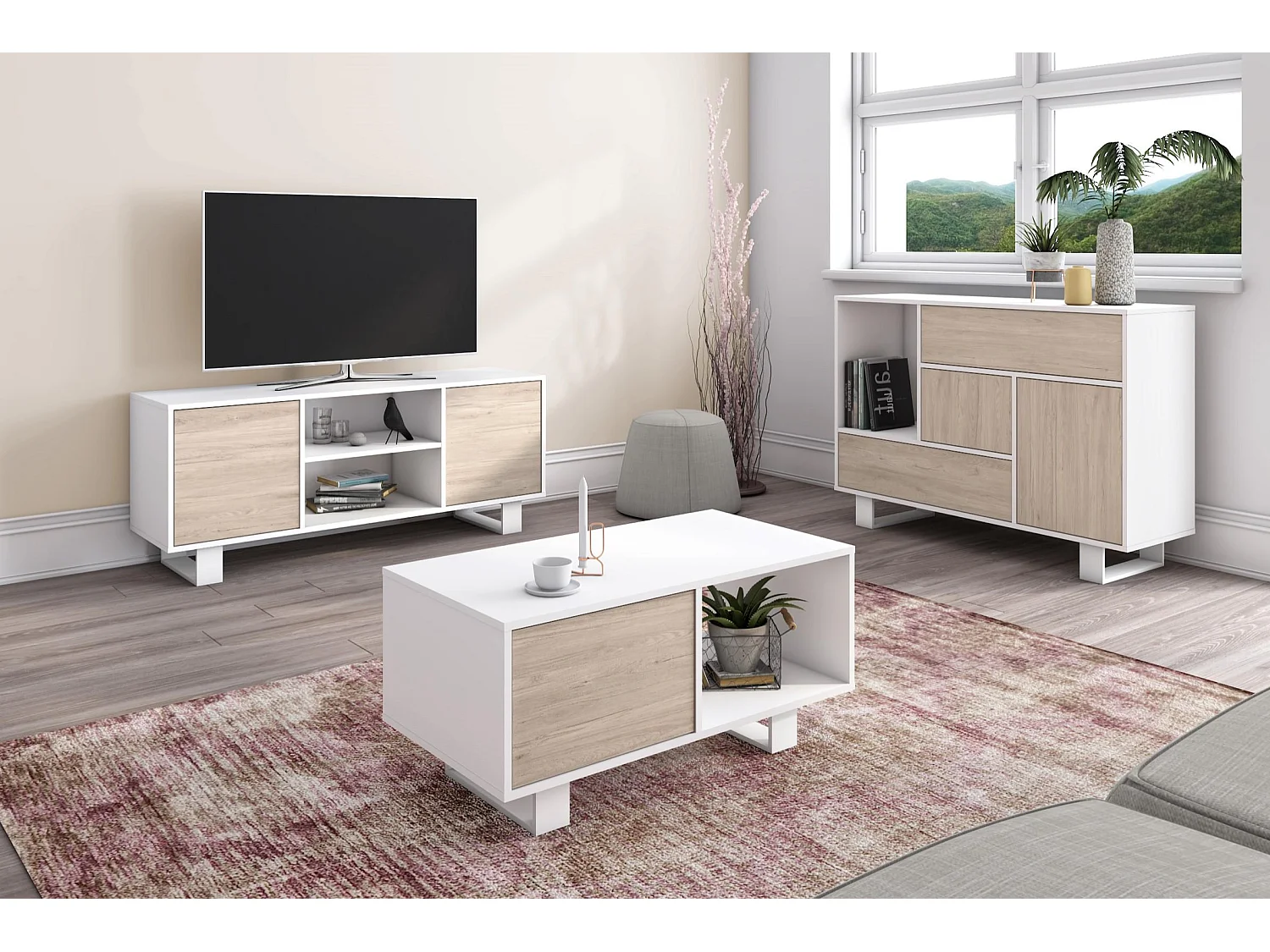 Meuble TV modèle 137x40x57cm WIND, structure couleur Blanc, portes couleur Chêne.