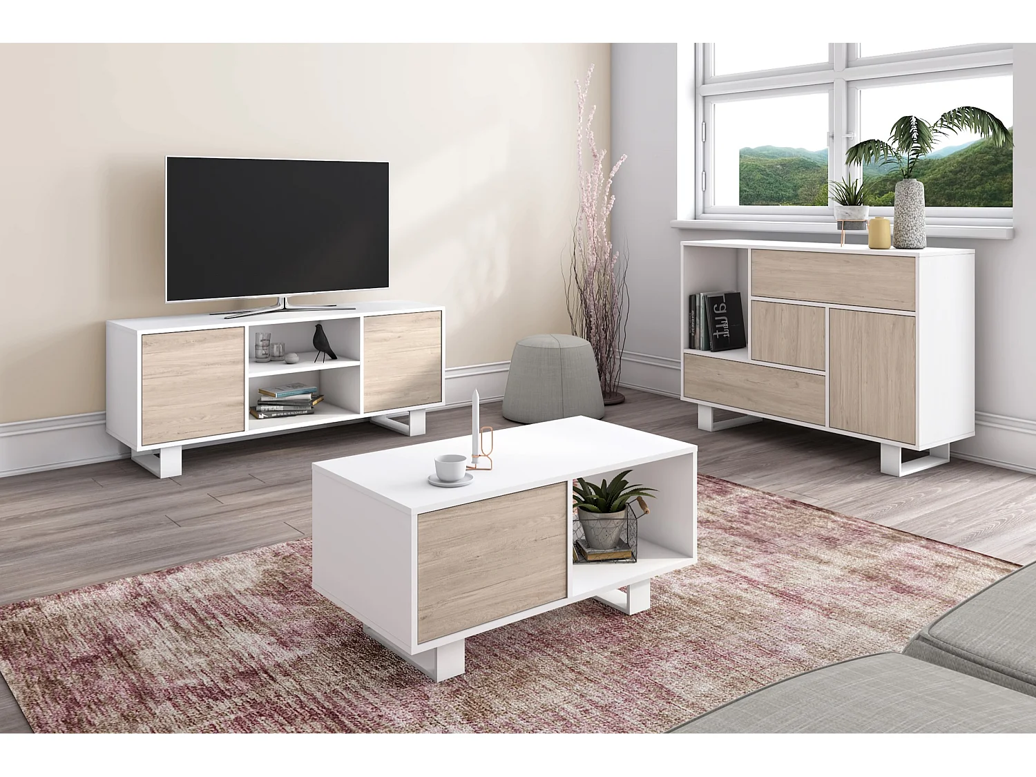 Meuble TV modèle 137x40x57cm WIND, structure couleur Blanc, portes couleur Chêne.