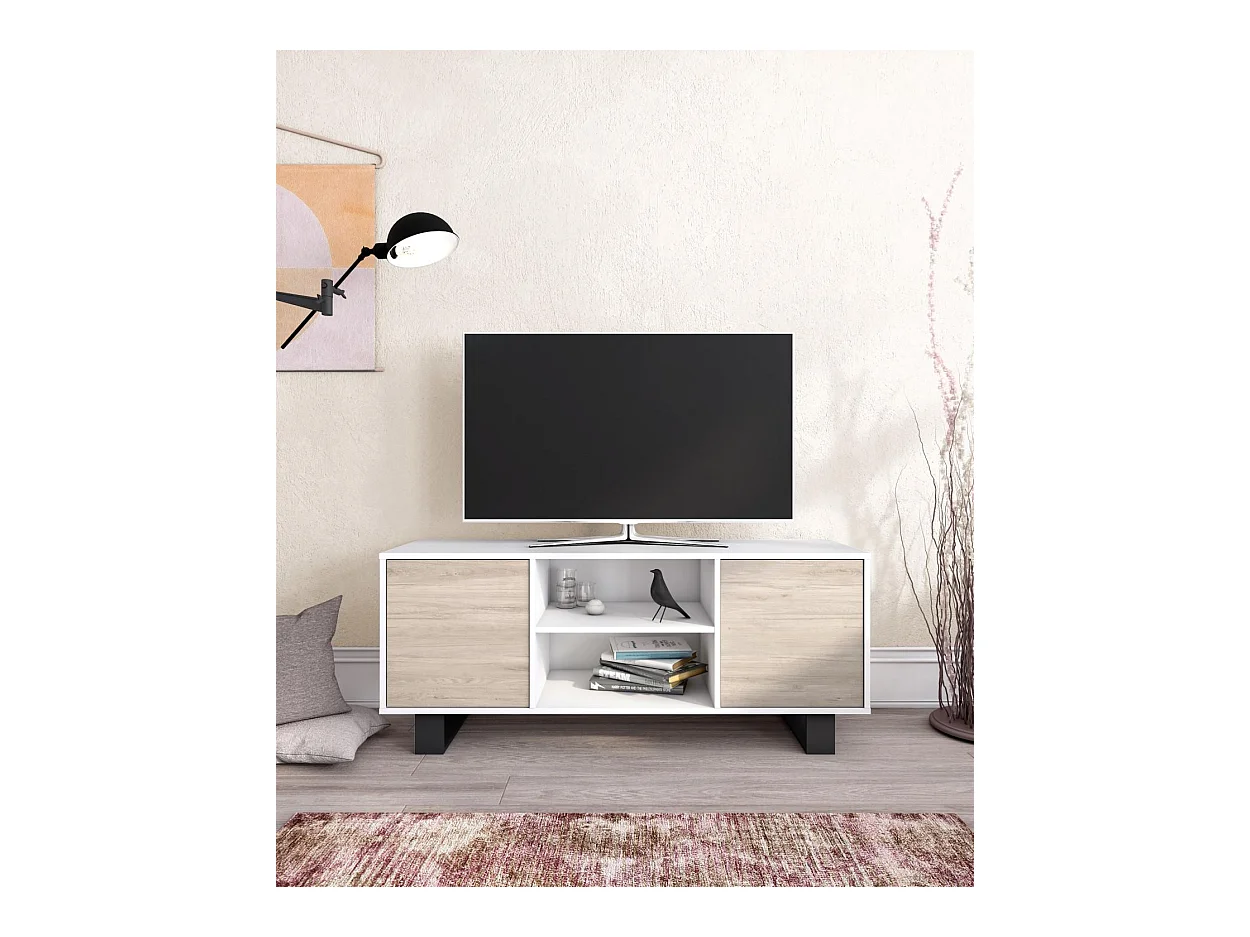 Televisiemeubels, Windmodel, 137x40x57cm, Eetkamer, Wit en eiken, Moderne stijl
