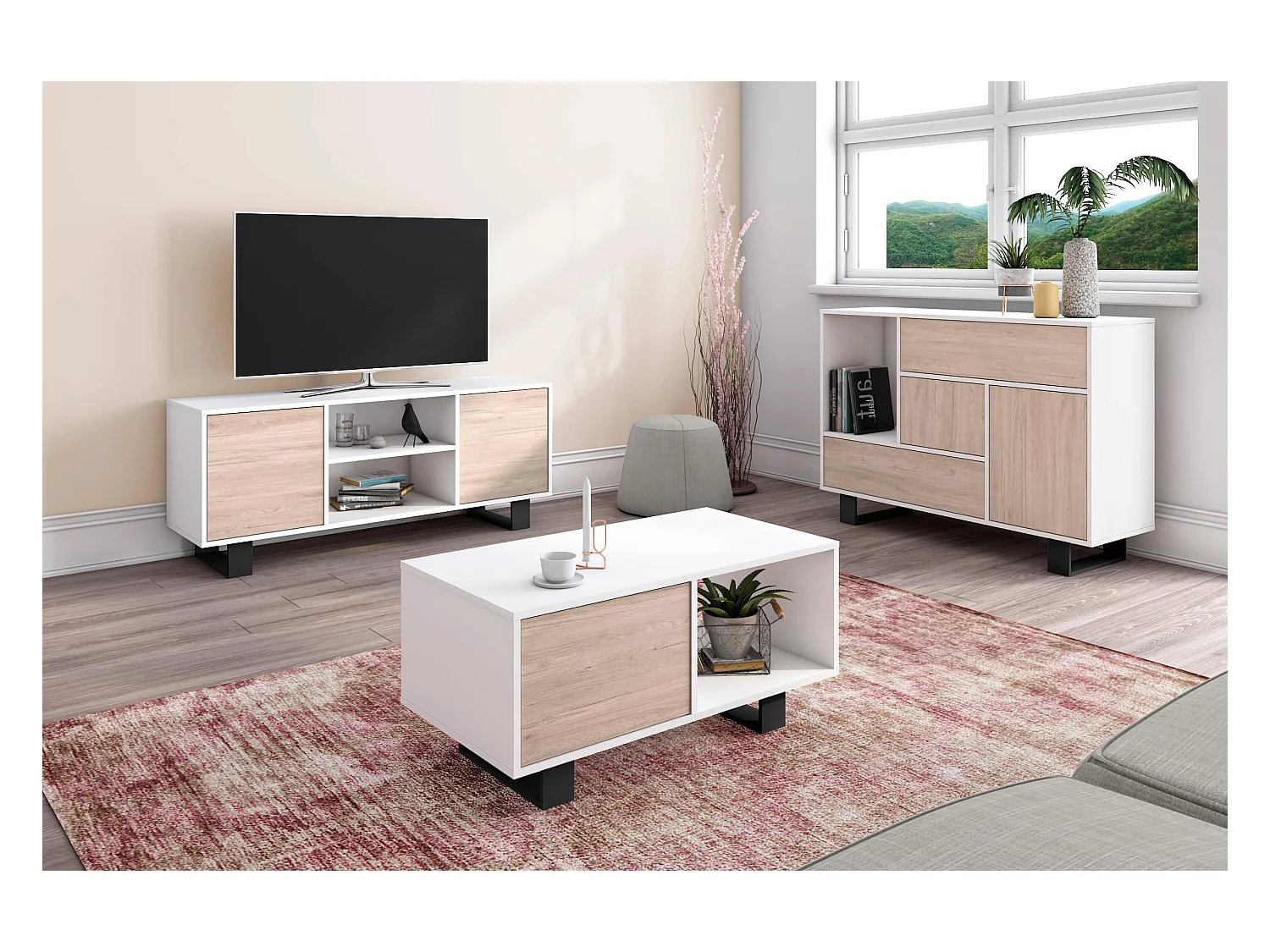 Televisiemeubels, Windmodel, 137x40x57cm, Eetkamer, Wit en eiken, Moderne stijl