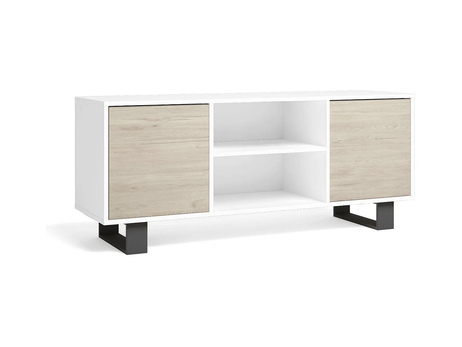 Meuble TV modèle 137x40x57cm WIND, structure couleur Blanc, portes couleur Chêne.