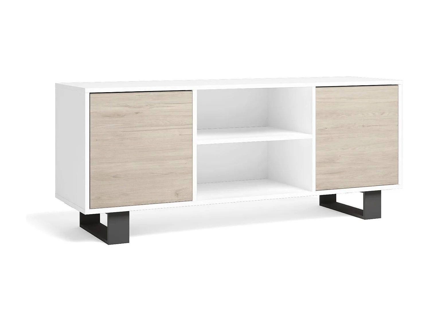 Meuble TV modèle 137x40x57cm WIND, structure couleur Blanc, portes couleur Chêne.