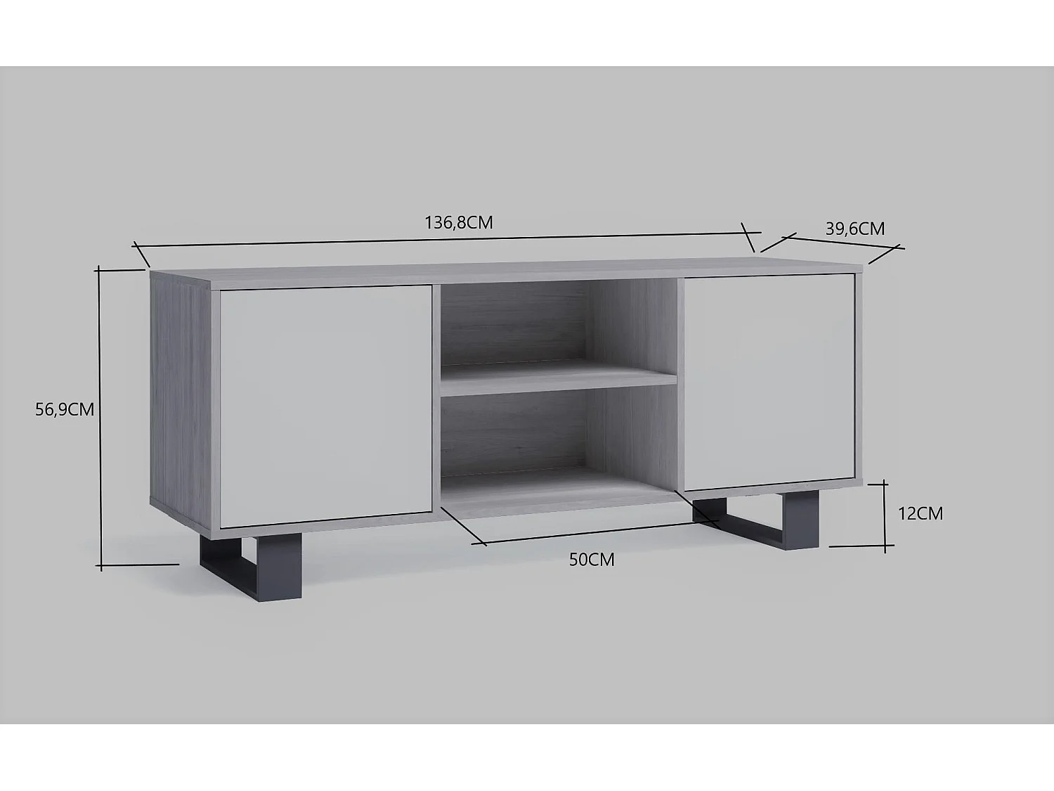 Meuble TV modèle 137x40x57cm WIND, structure couleur Blanc, portes couleur Chêne.