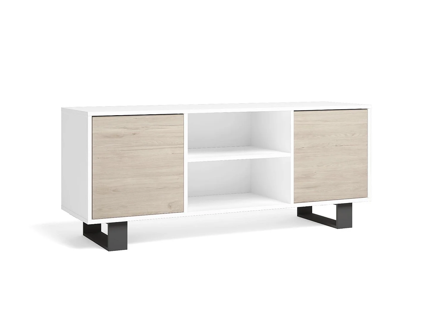 Mueble TV 140 Modelo WIND, color estructura Blanco, color puertas Roble, 137x40x57cm