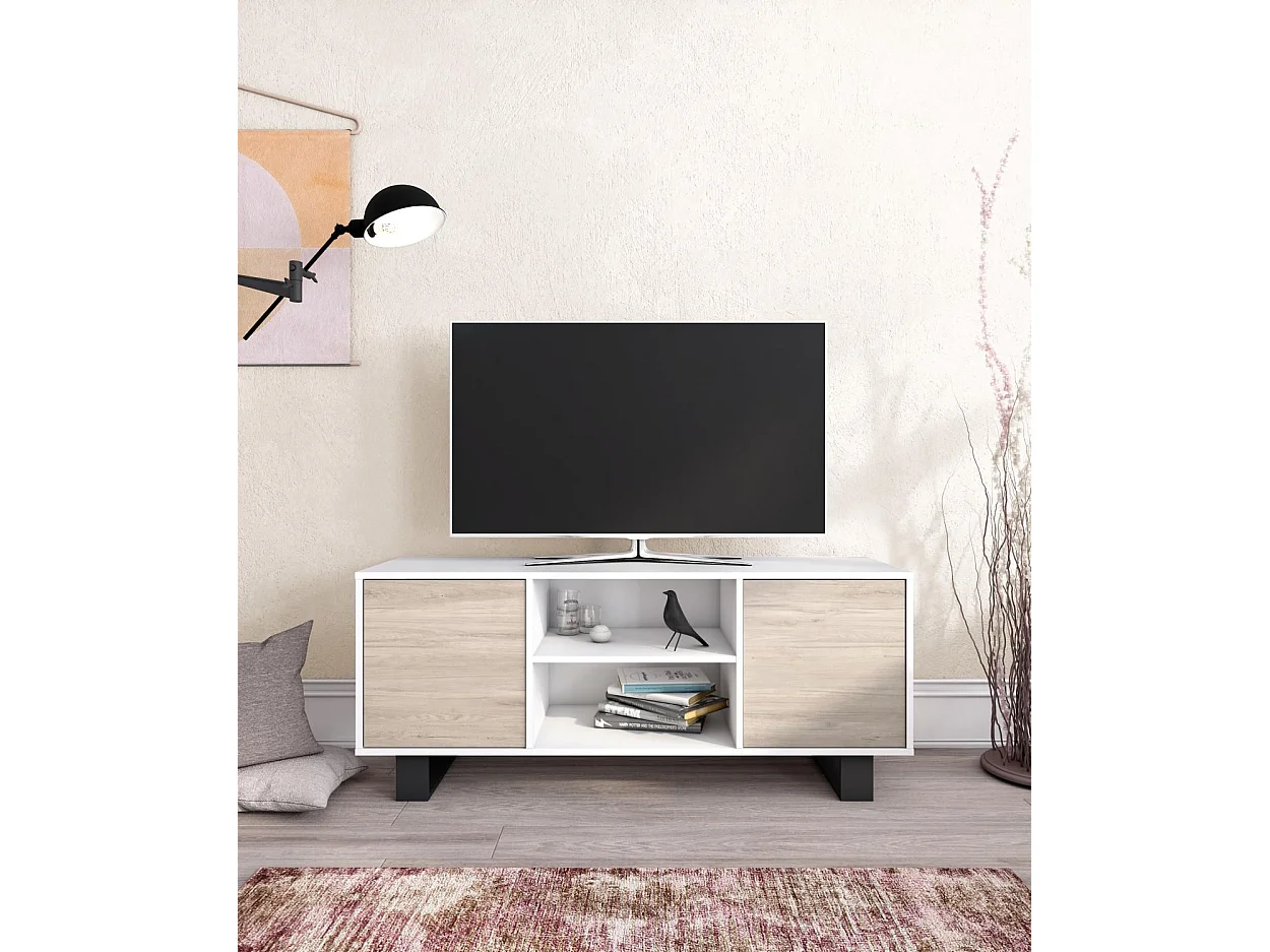 Mueble TV 140 Modelo WIND, color estructura Blanco, color puertas Roble, 137x40x57cm