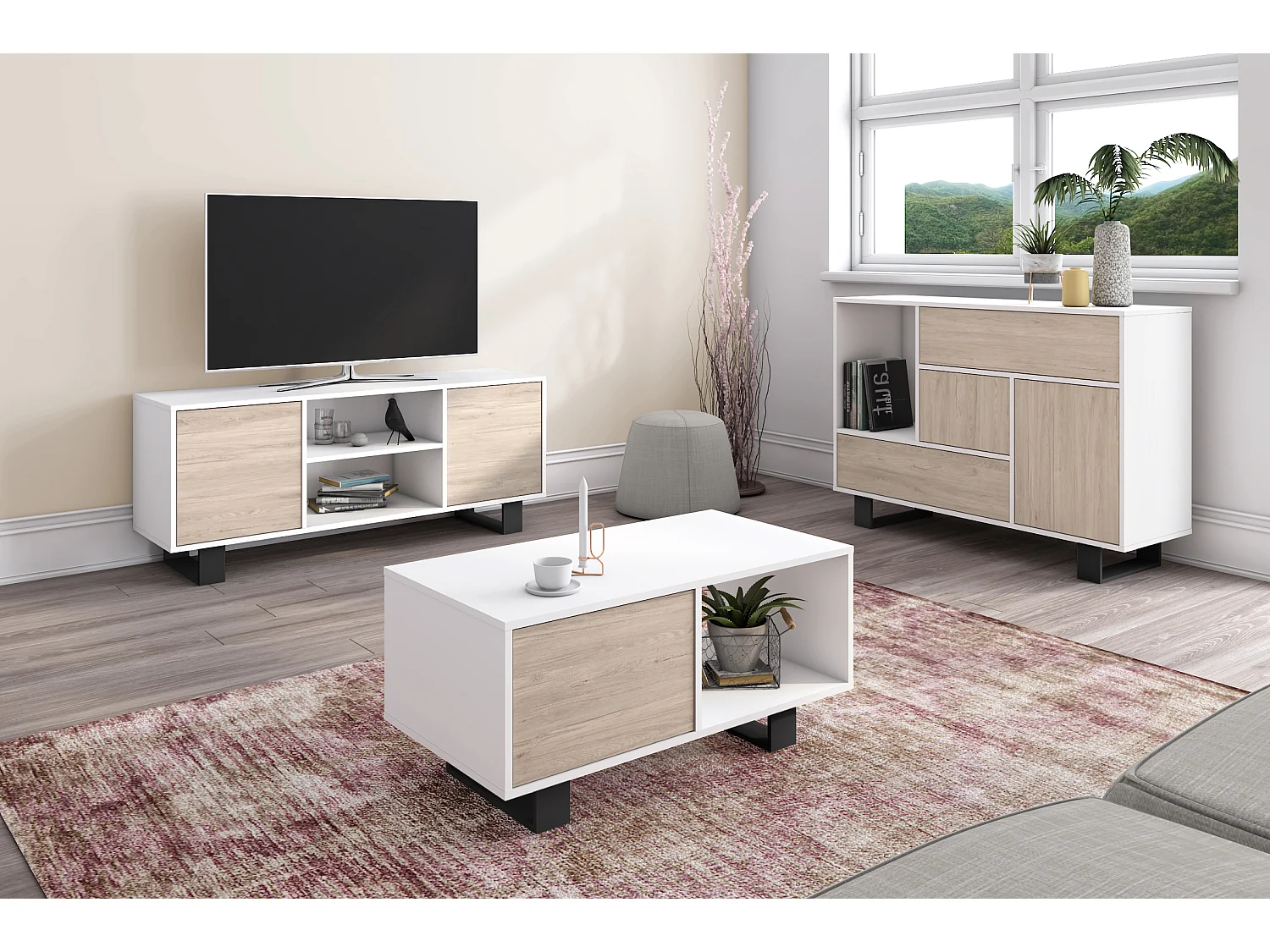 Mueble TV 140 Modelo WIND, color estructura Blanco, color puertas Roble, 137x40x57cm