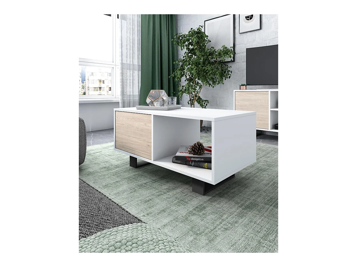 Couchtisch mit Türen, Esszimmer, Modell WIND, Gestell Farbe Weiß, Türen Farbe Eiche, 92x50x45cm