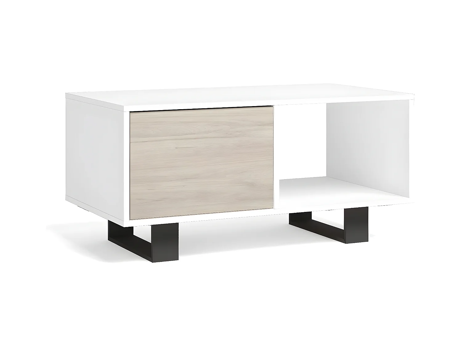 Table basse avec portes, Modèle WIND, structure Blanche, portes Chêne, 91,5x50x45cm