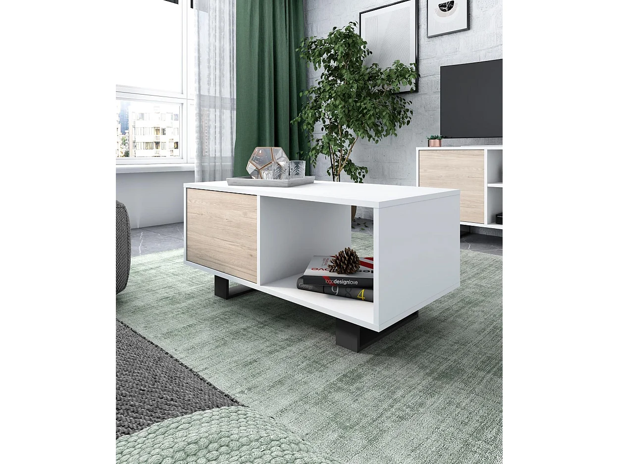 Tavolino con ante, sala da pranzo, modello WIND, Bianco e Rovere, 92x50x45cm.