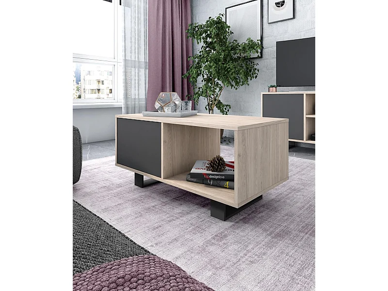 Mesa de café modelo WIND, cor Carvalho e Cinza antracite, 92x50x45cm.