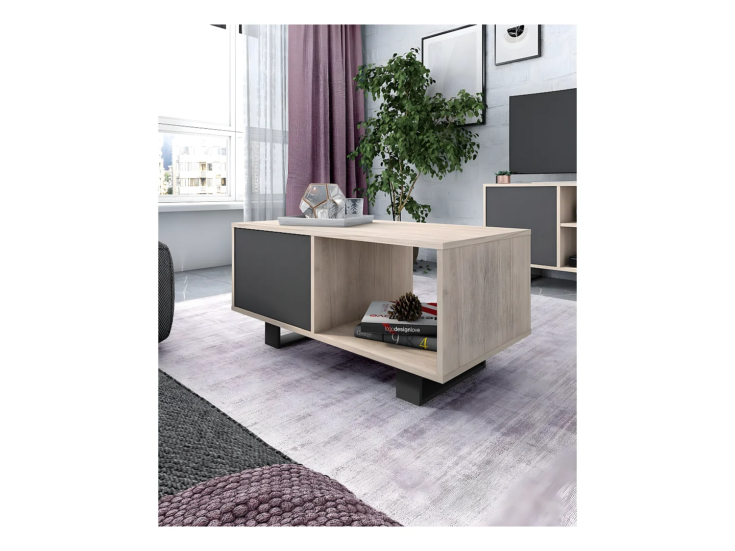 Table basse avec portes, Modèle WIND, structure Chêne, portes Gris Anthracite, 91,5x50x45cm