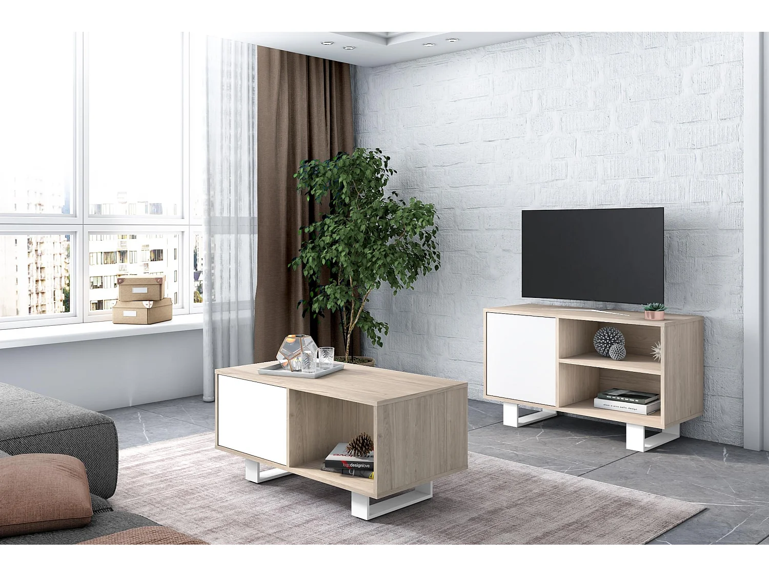 middentafel met Puerta, Windmodel, 92x50x45cm, Eetkamer, Eik en wit, Noordse stijl