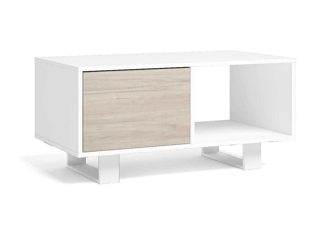 Table basse avec portes, Modèle WIND, structure Blanche, portes Chêne, 91,5x50x45cm