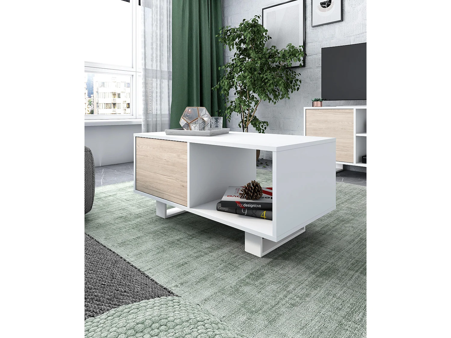 Tavolino con ante, sala da pranzo, modello WIND, Bianco e Rovere, 92x50x45cm.