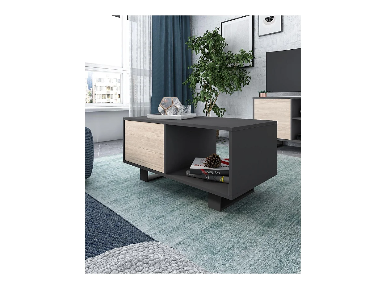 Couchtisch mit Türen, Esszimmer, Modell WIND, Gestell Farbe Anthrazitgrau, Türen Farbe Eiche, 92x50x45cm