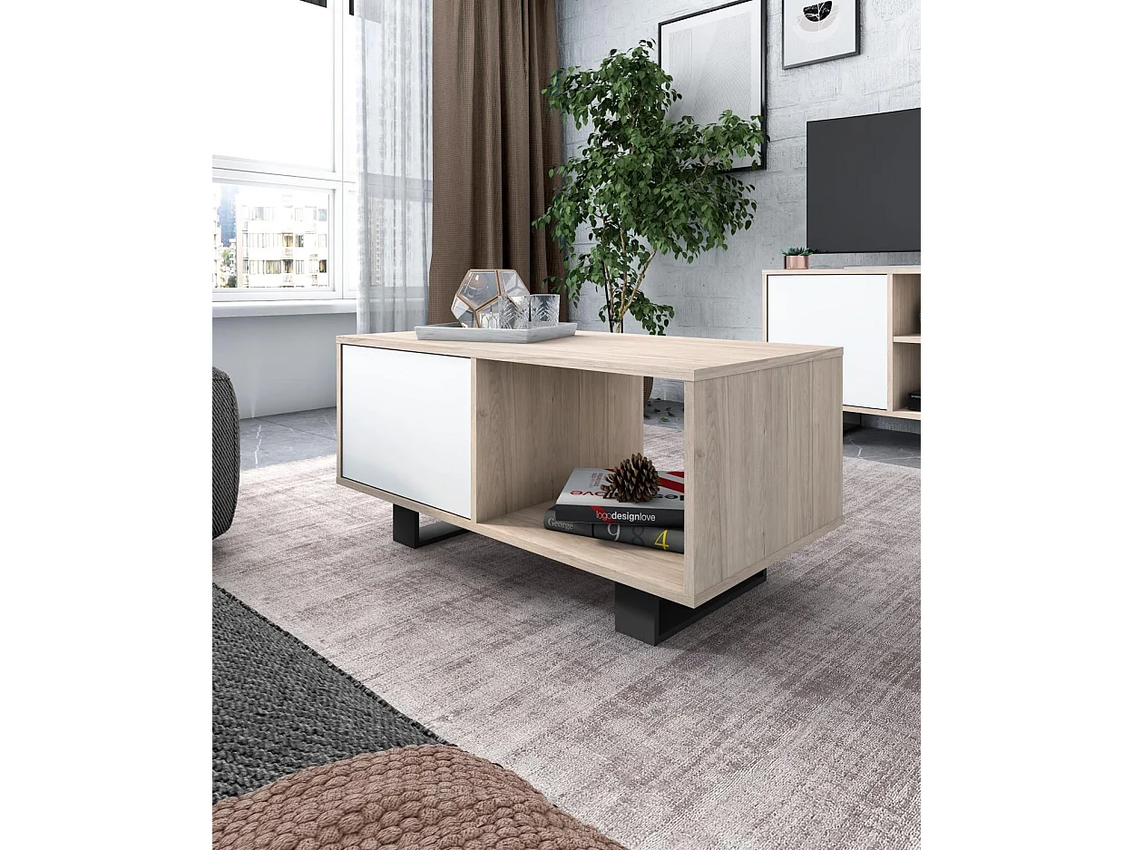 Table basse avec portes, Modèle WIND, structure Chêne, portes Blanches.