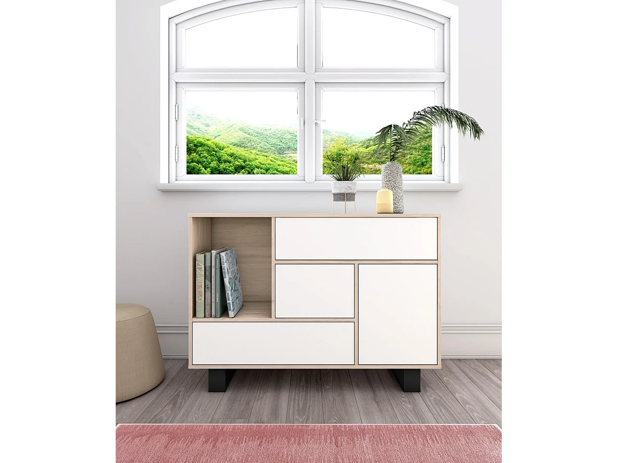Sabreess Furniture - Buffet, Windmodel, 120x40x86 cm, Woonkamer, hal, kantoor, Eik en wit, Moderne stijl