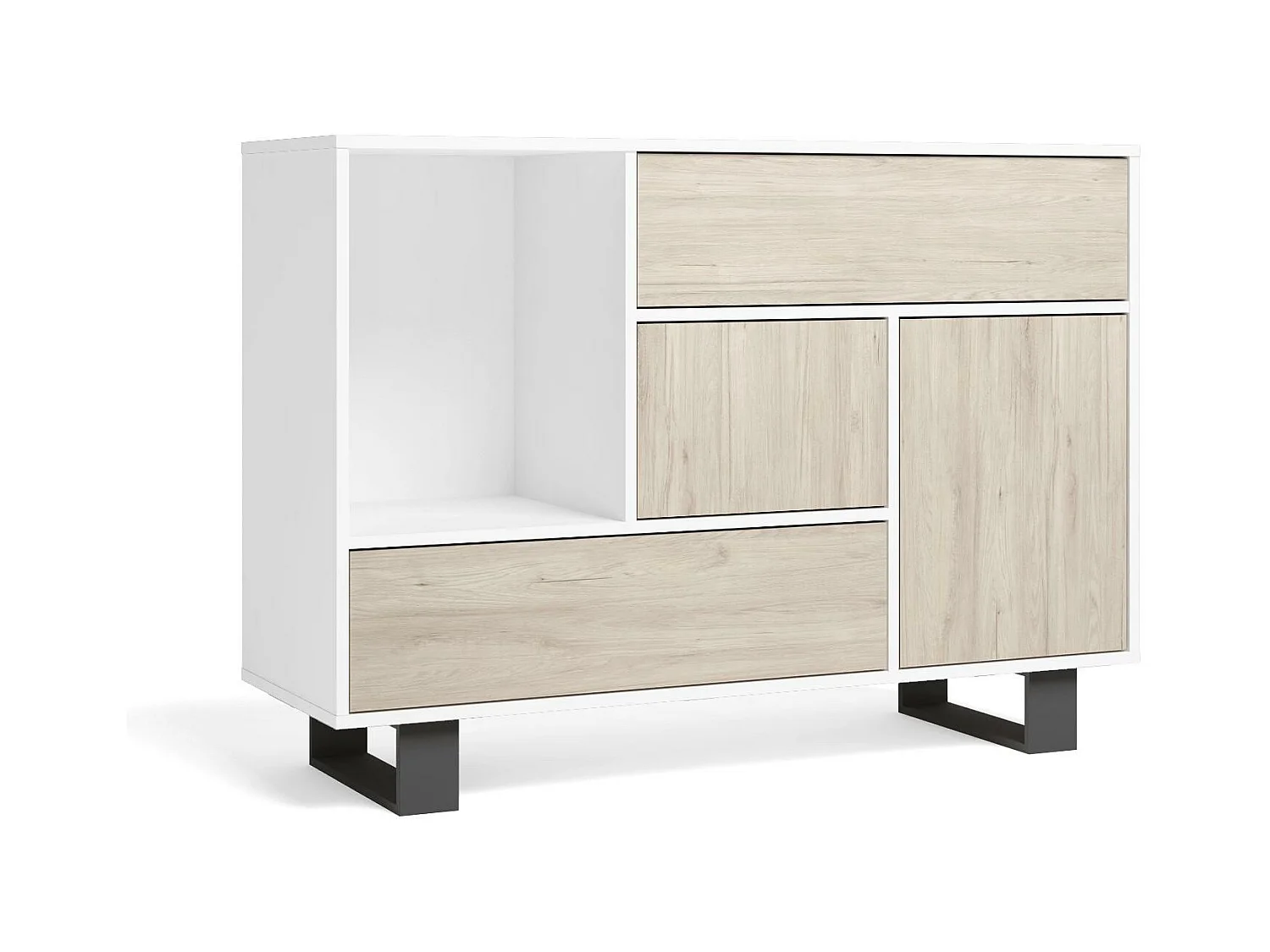 Sabreess Furniture - Buffet, Windmodel, 120x40x86 cm, Woonkamer, hal, kantoor, Wit en eiken, Moderne stijl