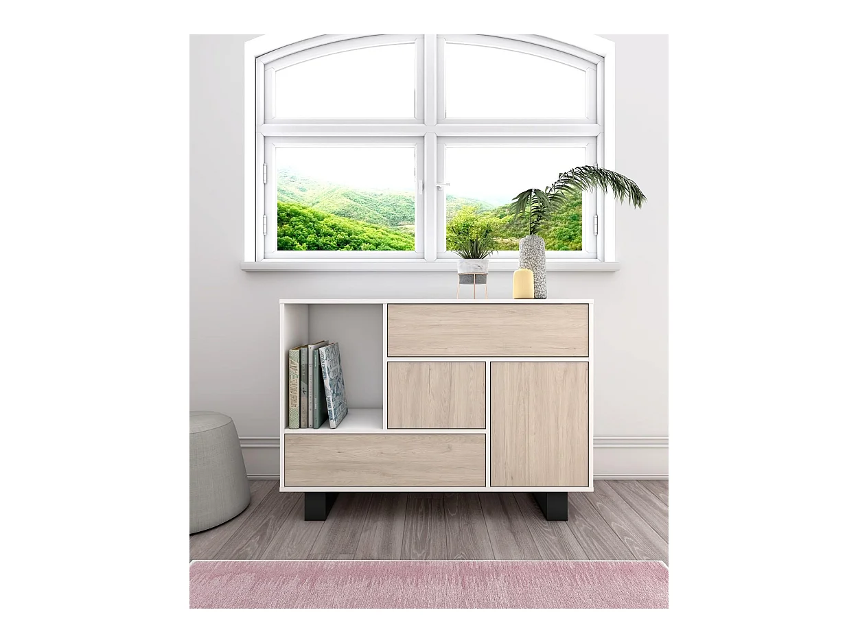 Sabreess Furniture - Buffet, Windmodel, 120x40x86 cm, Woonkamer, hal, kantoor, Wit en eiken, Moderne stijl