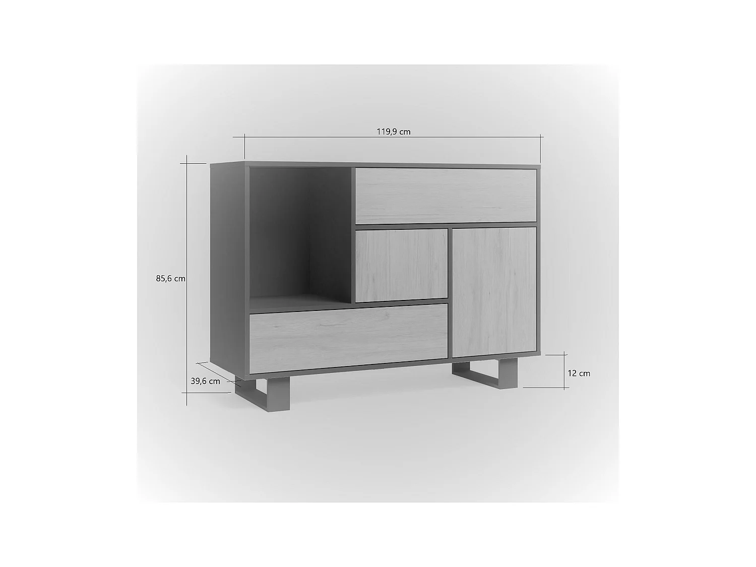 Sabreess Furniture - Buffet, Windmodel, 120x40x86 cm, Woonkamer, hal, kantoor, Wit en eiken, Moderne stijl