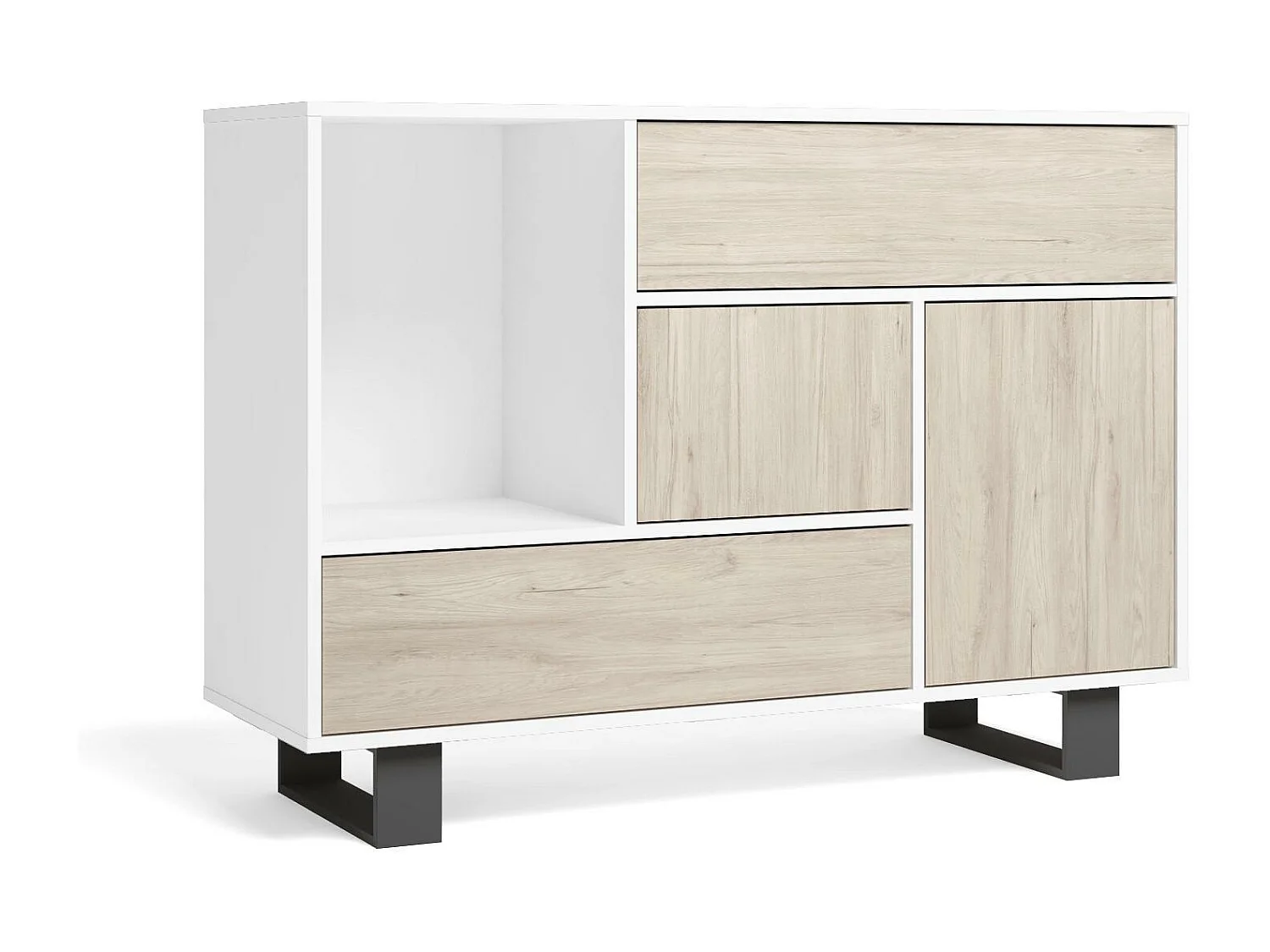 Sabreess Furniture - Buffet, Windmodel, 120x40x86 cm, Woonkamer, hal, kantoor, Wit en eiken, Moderne stijl