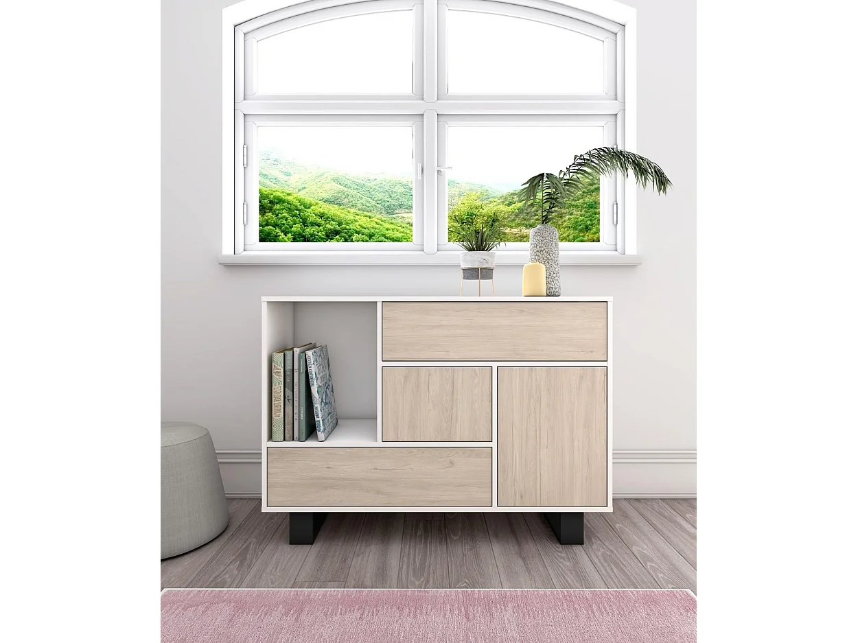 Sabreess Furniture - Buffet, Windmodel, 120x40x86 cm, Woonkamer, hal, kantoor, Wit en eiken, Moderne stijl