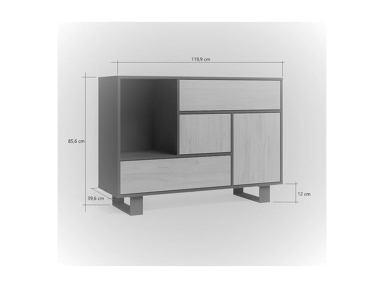 Sabreess Furniture - Buffet, Windmodel, 120x40x86 cm, Woonkamer, hal, kantoor, Wit en eiken, Moderne stijl