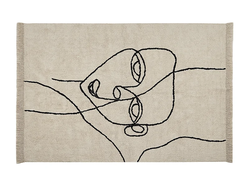 Teppich Baumwolle beige mit Gesichtsmotiv Fransen rechteckig 140 x 200 cm Nuru