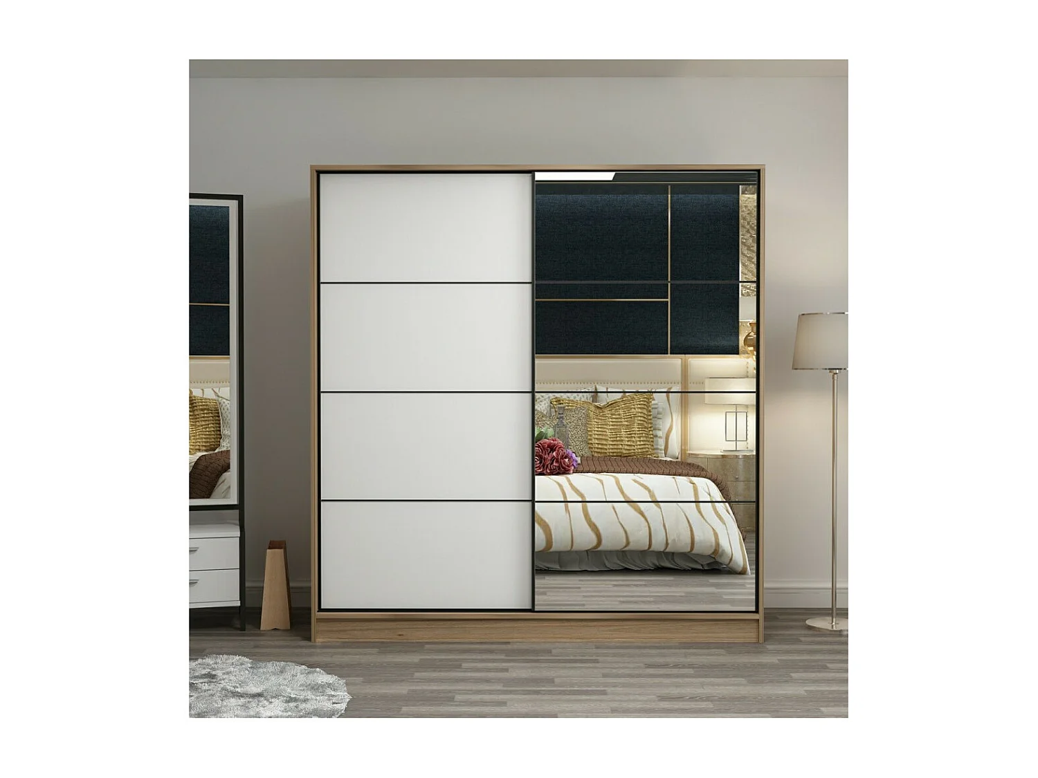 Armoire 2 portes coulissantes chêne-blanc avec miroir 190x60x180 cm
