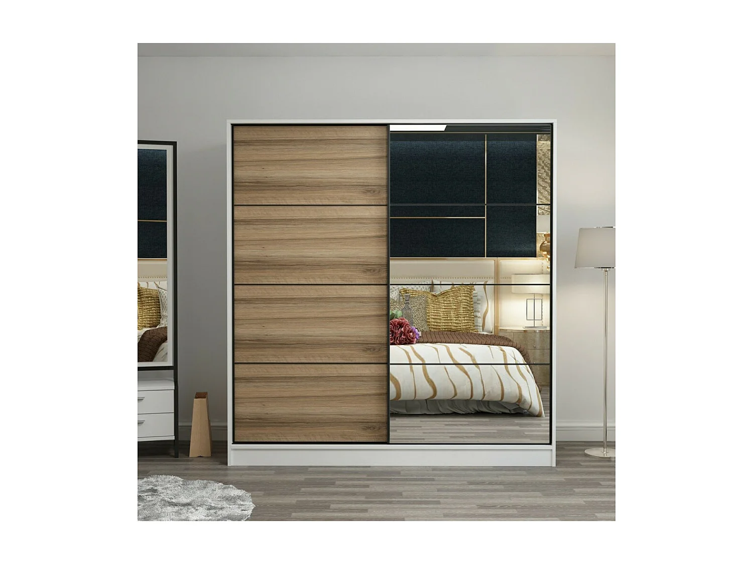 Armoire 2 portes coulissantes chêne-blanc avec miroir 190x60x180 cm