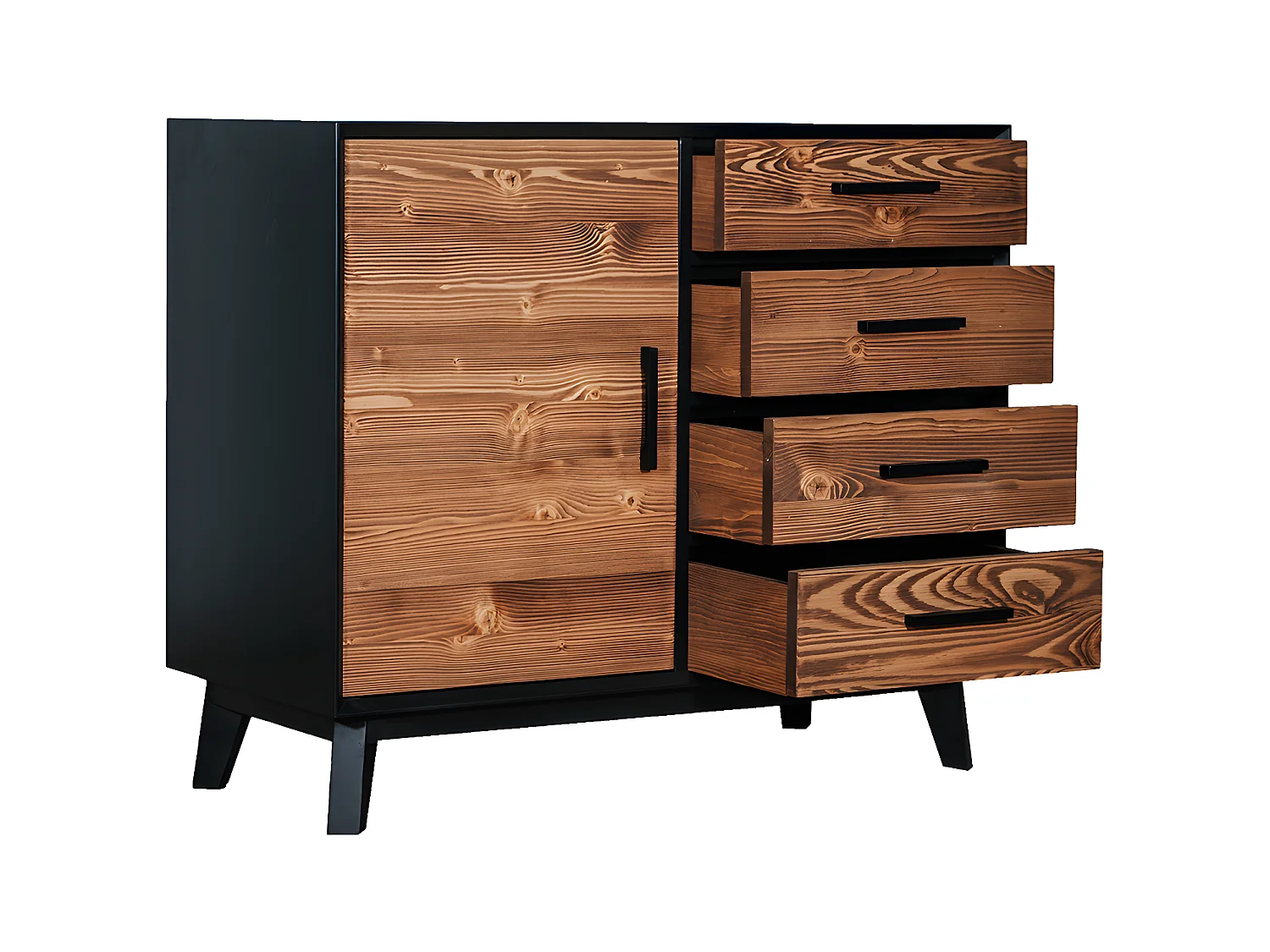 Bahut bas 1 porte 4 tiroirs Nostalgie - Noir et bois