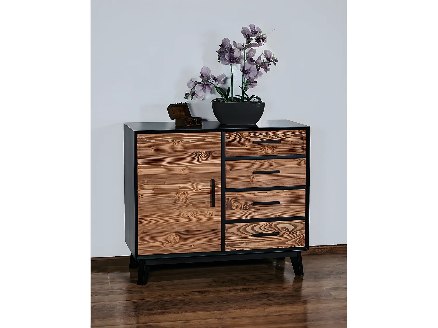 Bahut bas 1 porte 4 tiroirs Nostalgie - Noir et bois