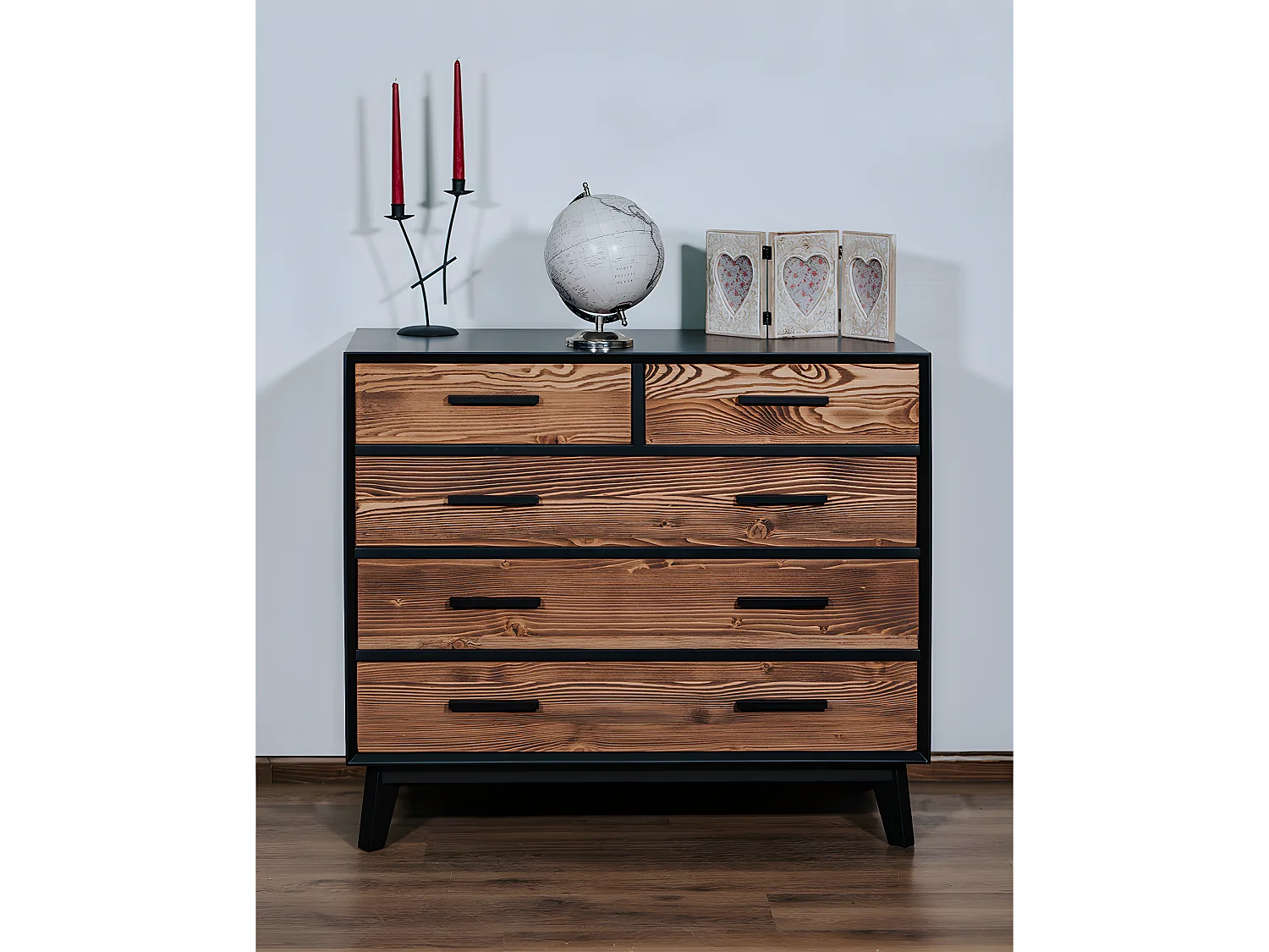 Aparador 2 gavetas Nostalgie preto e madeira 85cm