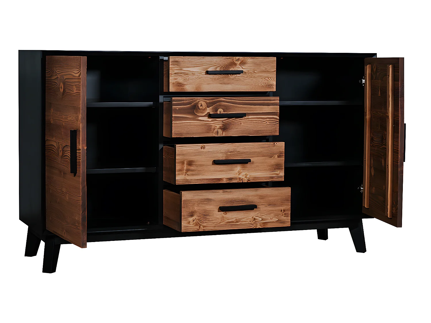 Bahut bas 2 portes 4 tiroirs Nostalgie - Noir et bois