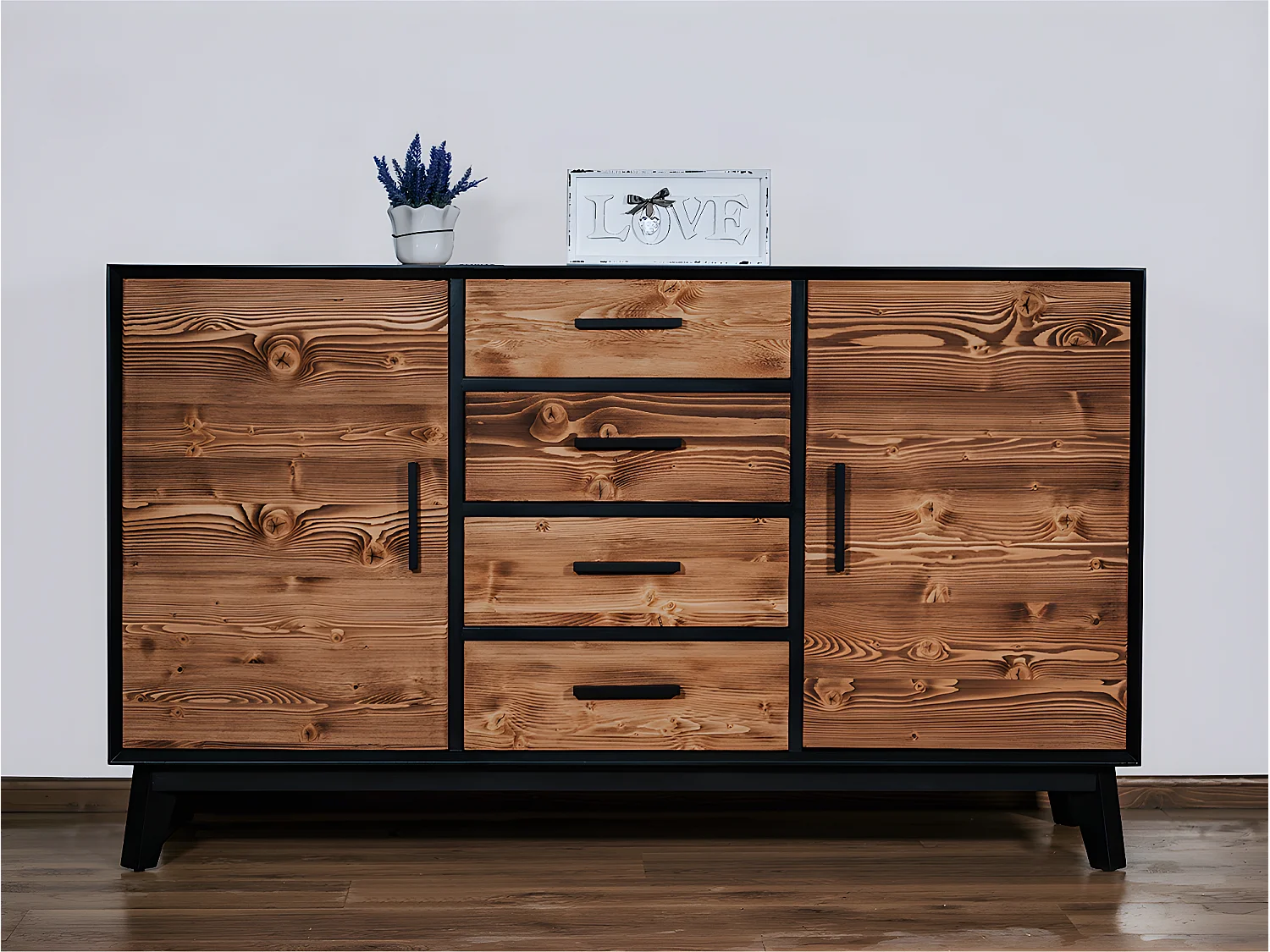 Bahut bas 2 portes 4 tiroirs Nostalgie - Noir et bois