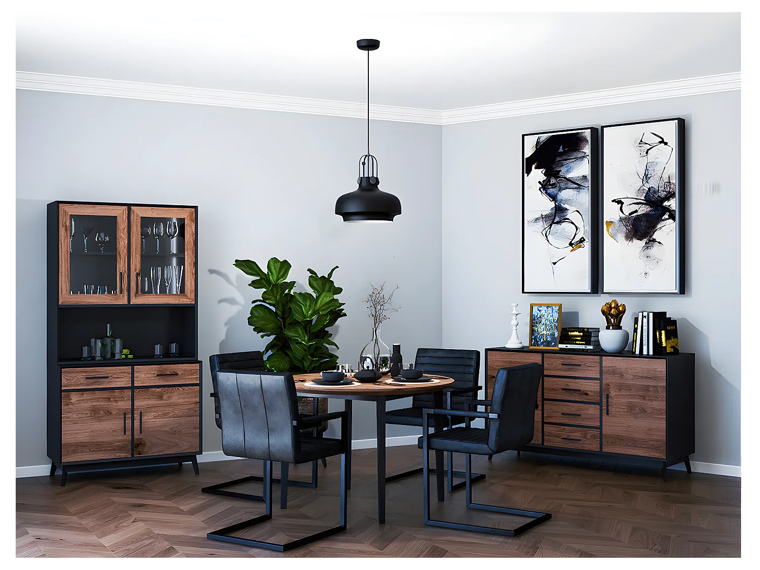 Bahut bas 2 portes 4 tiroirs Nostalgie - Noir et bois