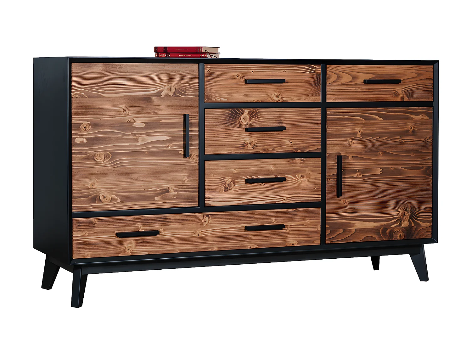 Bahut bas 2 portes 5 tiroirs Nostalgie - Noir et bois