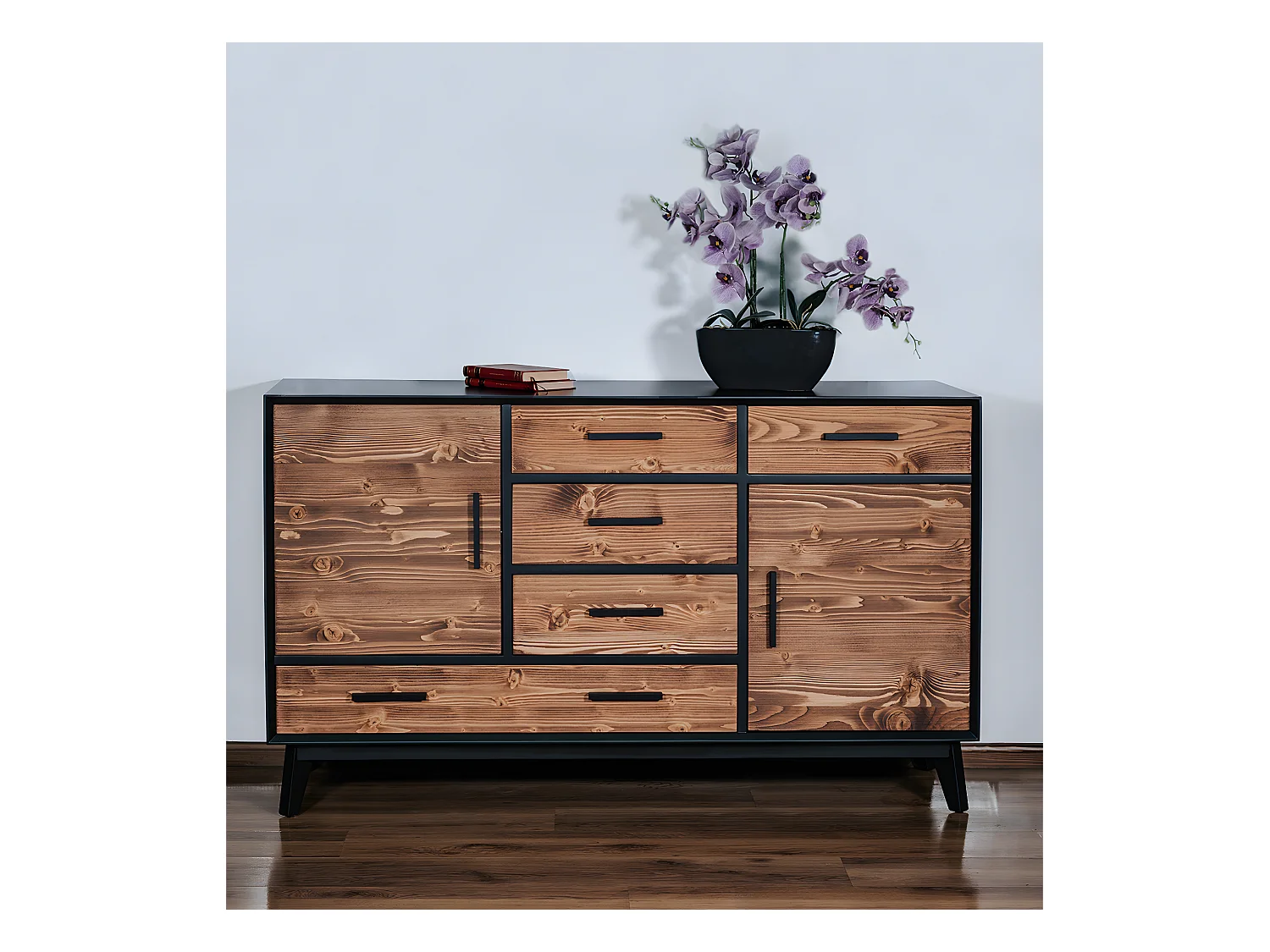 Bahut bas 2 portes 5 tiroirs Nostalgie - Noir et bois