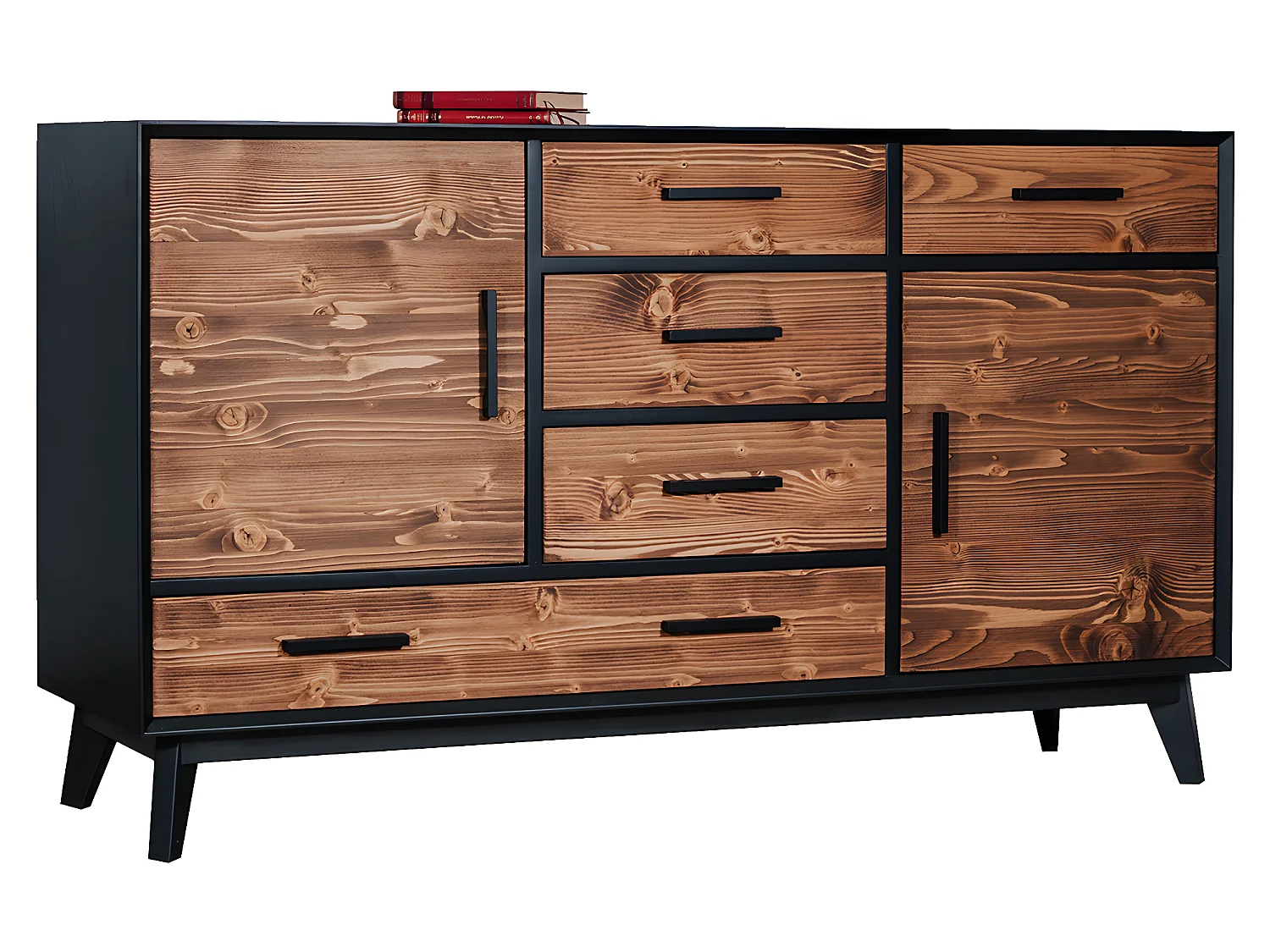 Nostalgie 2-deurs laag dressoir met 5 laden - Zwart en hout