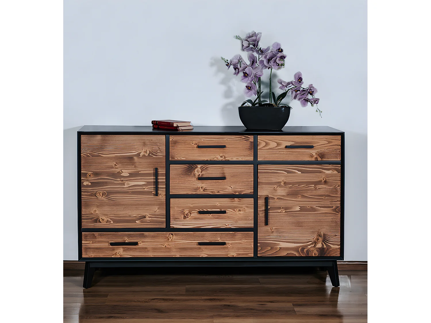 Nostalgie 2-deurs laag dressoir met 5 laden - Zwart en hout