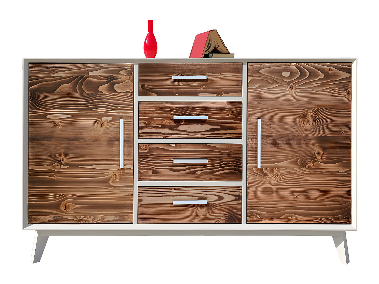 Bahut bas 2 portes 4 tiroirs Nostalgie - Blanc et bois