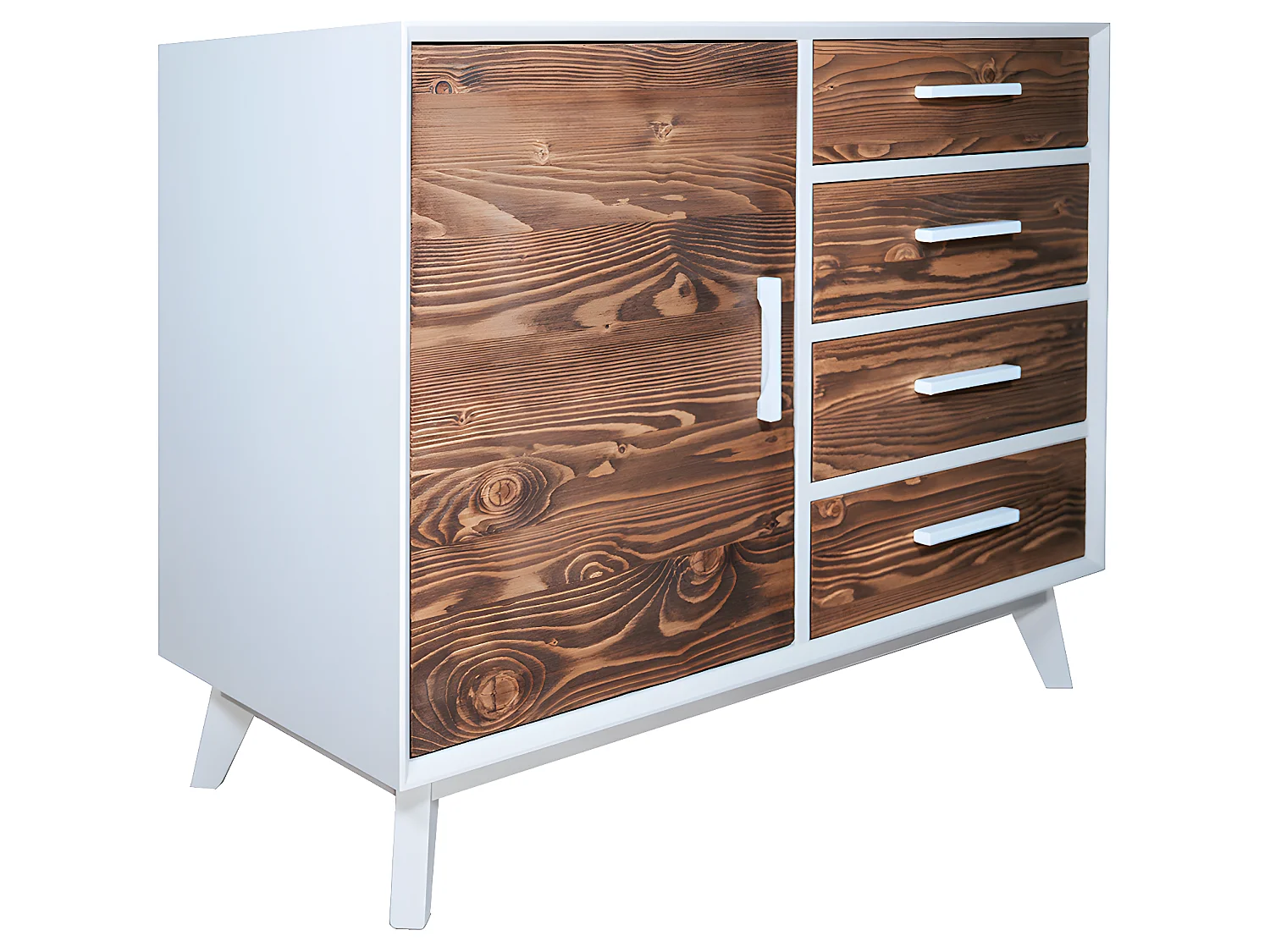 Bahut bas 1 porte 4 tiroirs Nostalgie - Blanc et bois