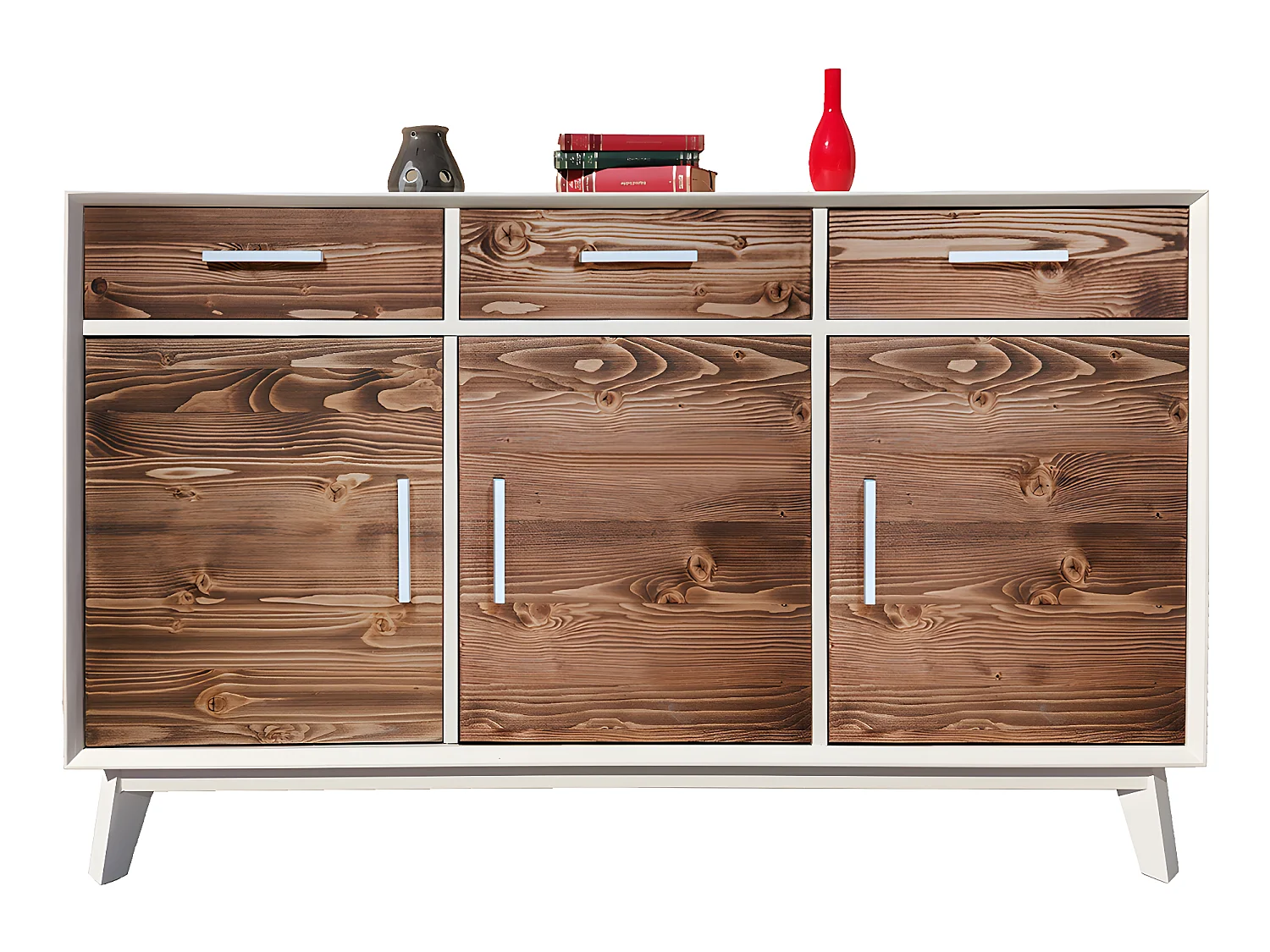 Bahut bas 3 portes 3 tiroirs Nostalgie - Blanc et bois